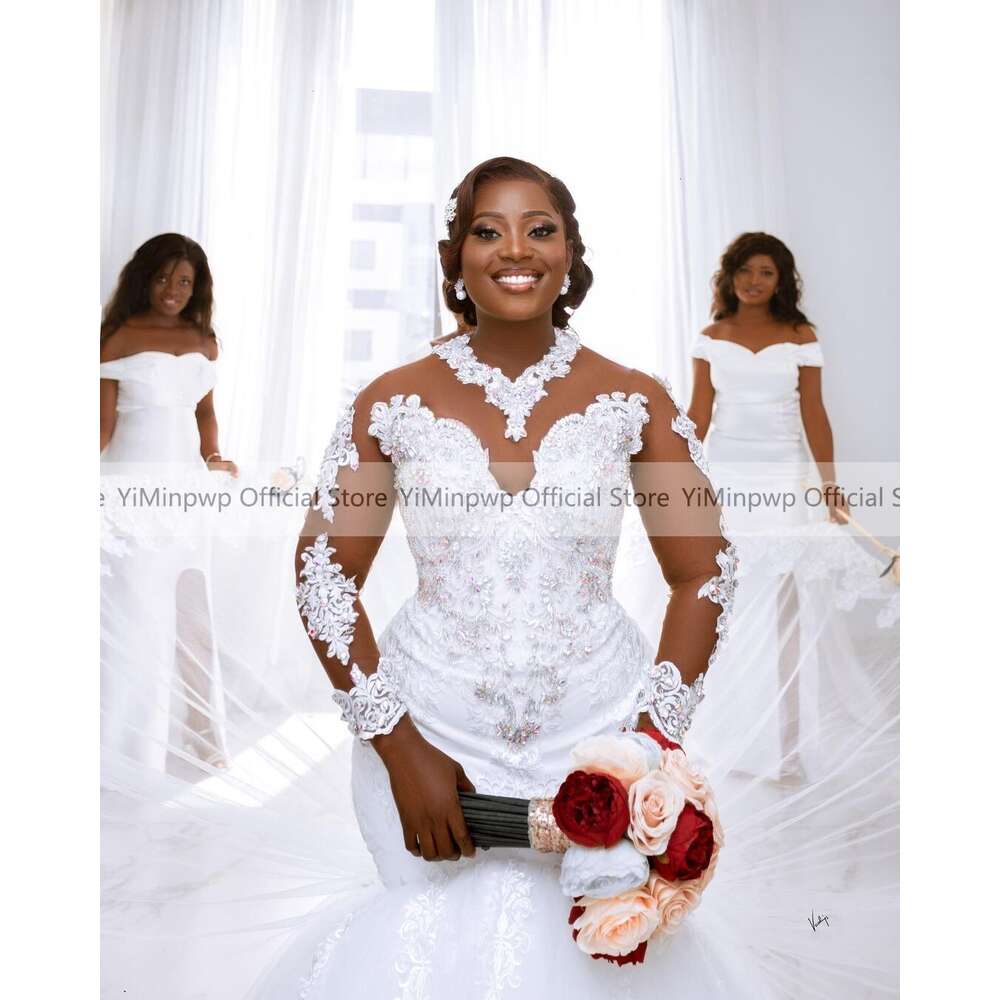 African White Mermaid Wedding Dresses for Bride O Neck Long Sleeve Appliques Crystal Country Bridal Gowns robes de mariee