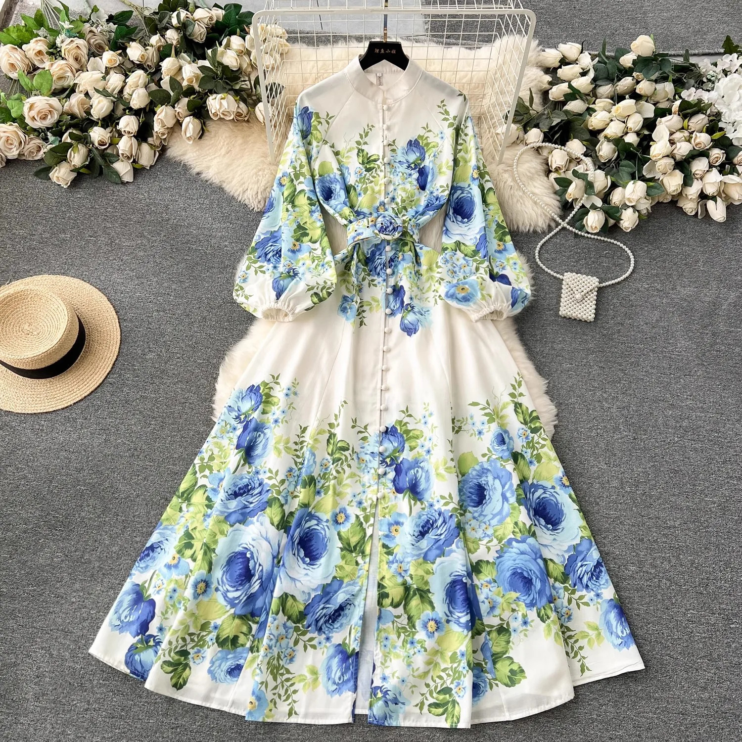Elegant Gorgeous Floral Bohemian Dress Spring Women Stand Long Lantern Sleeve Floral Print Belt Linen Long Vestidos Clothes 6235 240617
