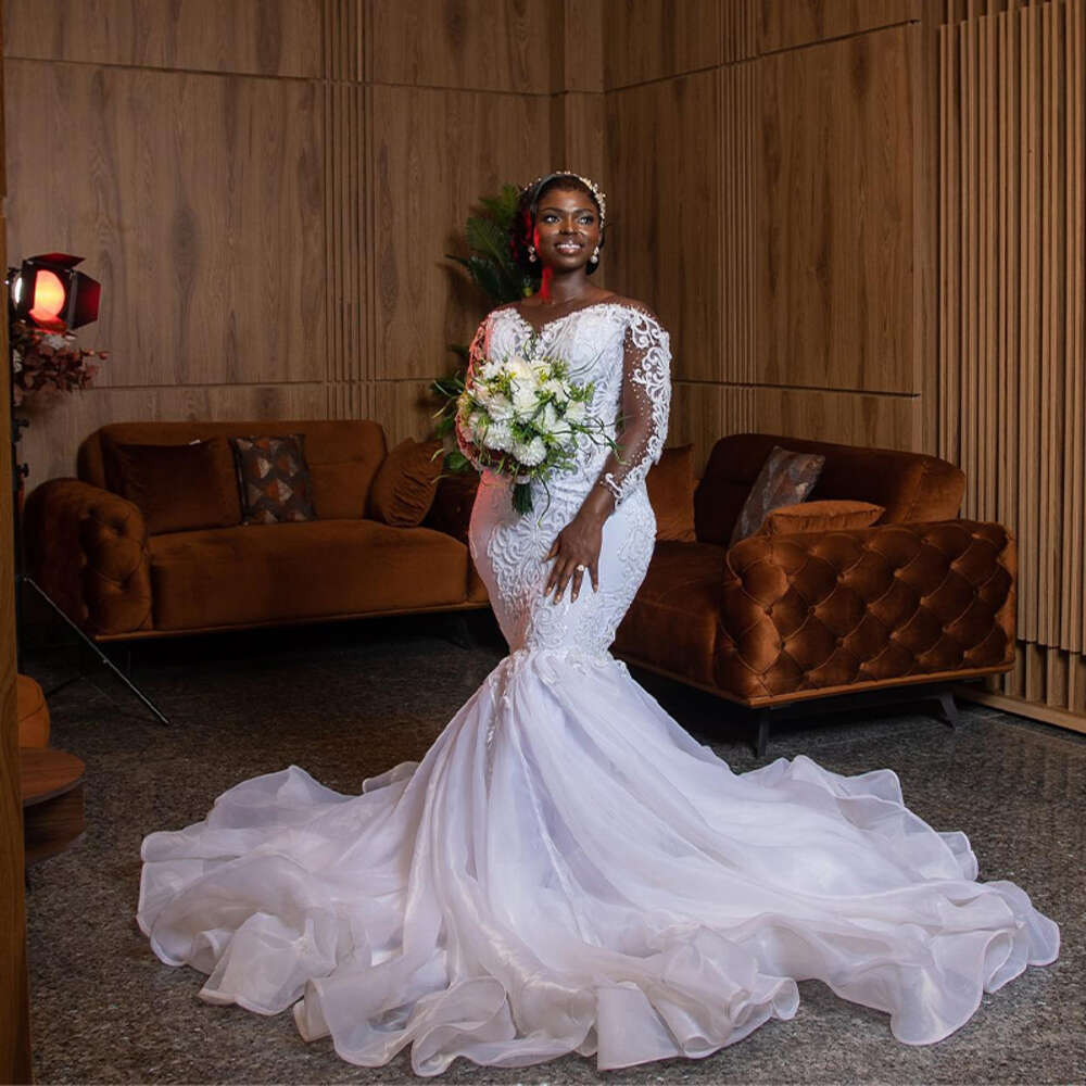 White Mermaid special Dresses for Bride 2024 O NecK Long Sleeve Illusion Lace Tulle Beading Garden African Bridal Gowns Custom