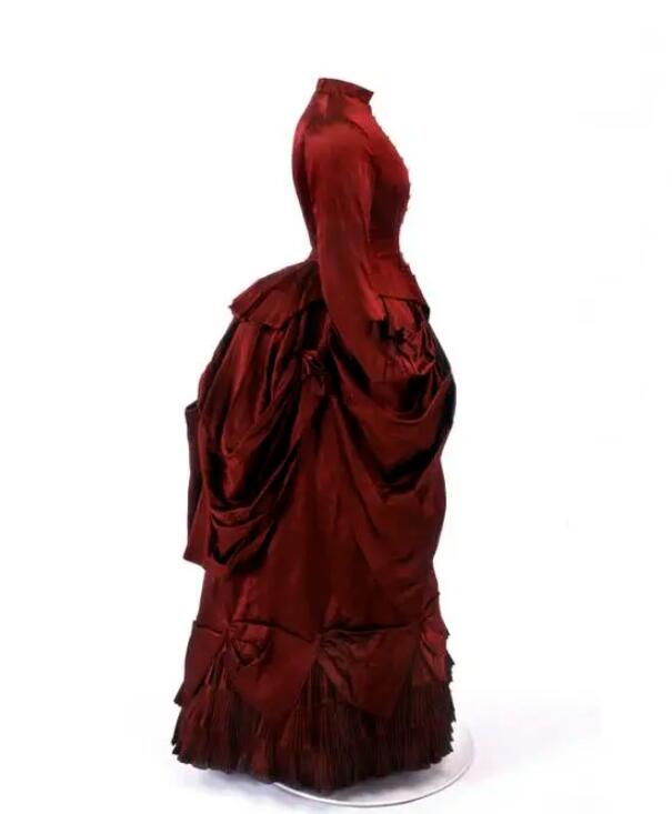 1880s Victorian burgundy Bustle Evening Dresses Steampunk Gothic Ball Gown Bustle Medieval Lady Walking prom Dress outfit