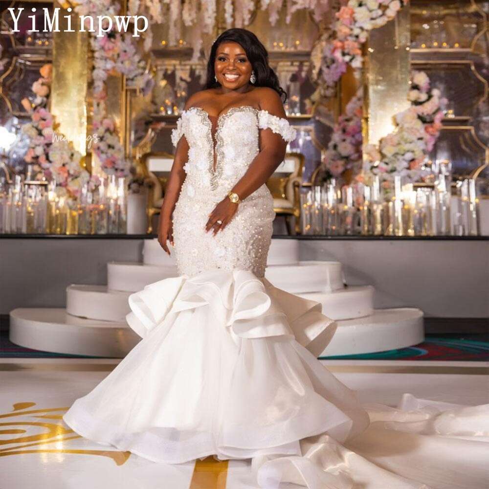 Off Shoulder Mermaid Wedding Dresses for Bride Sweet Heart Lace up Closure Cascading Ruffles Pearls Beads African Bridal Gowns