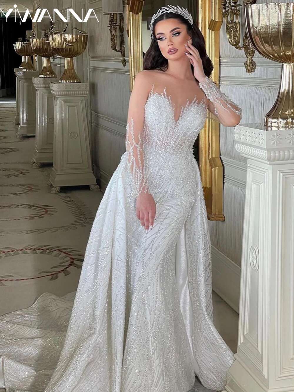 Modest Long Sleeve Bridal Dress Sparkly Sequins Beads Wedding Gown Mermaid Detachable tail Bride Robe Vestido De Novia