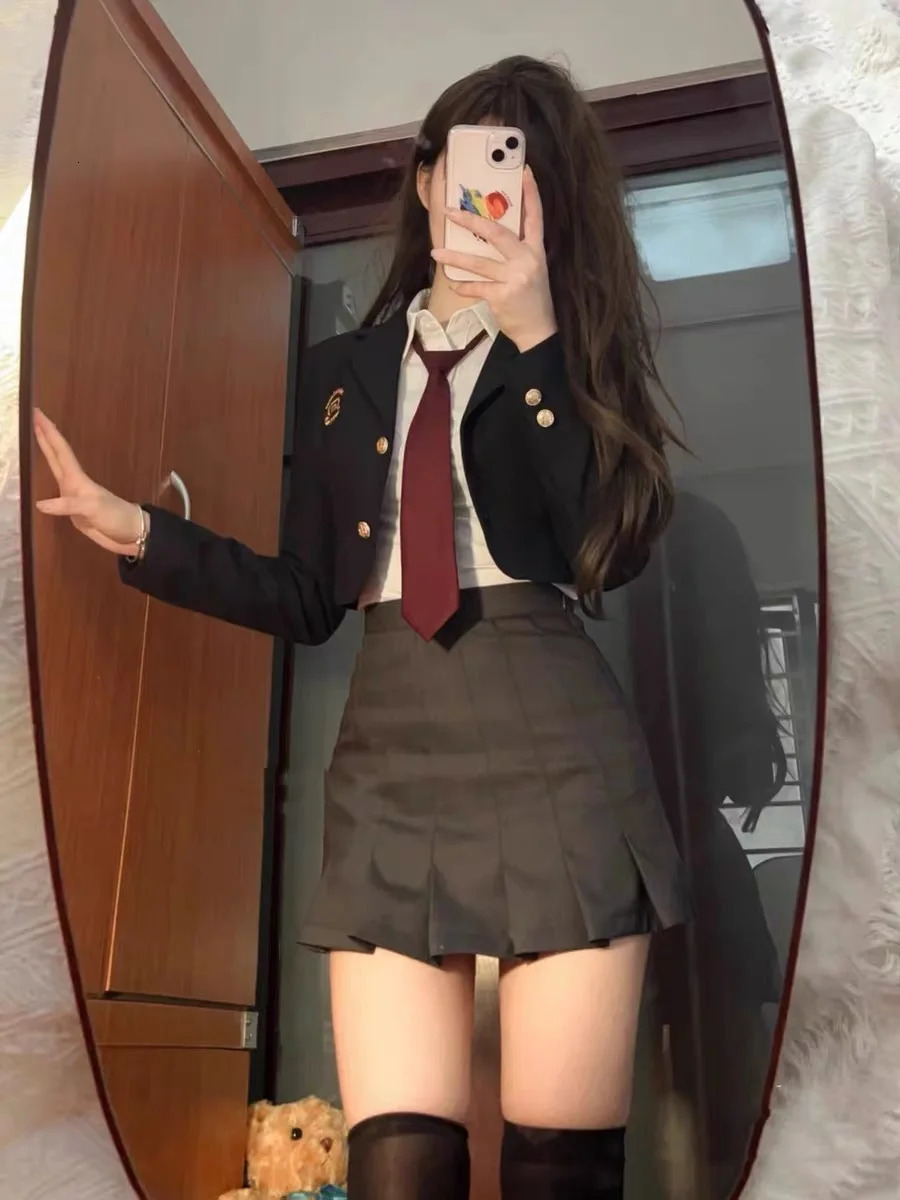 Daily Korean JK Uniform Set College Style Girls Short Suit Blazer Navy Coat Wrap Hip Skirt Tie Shirt Girl Spring Autumn 240617