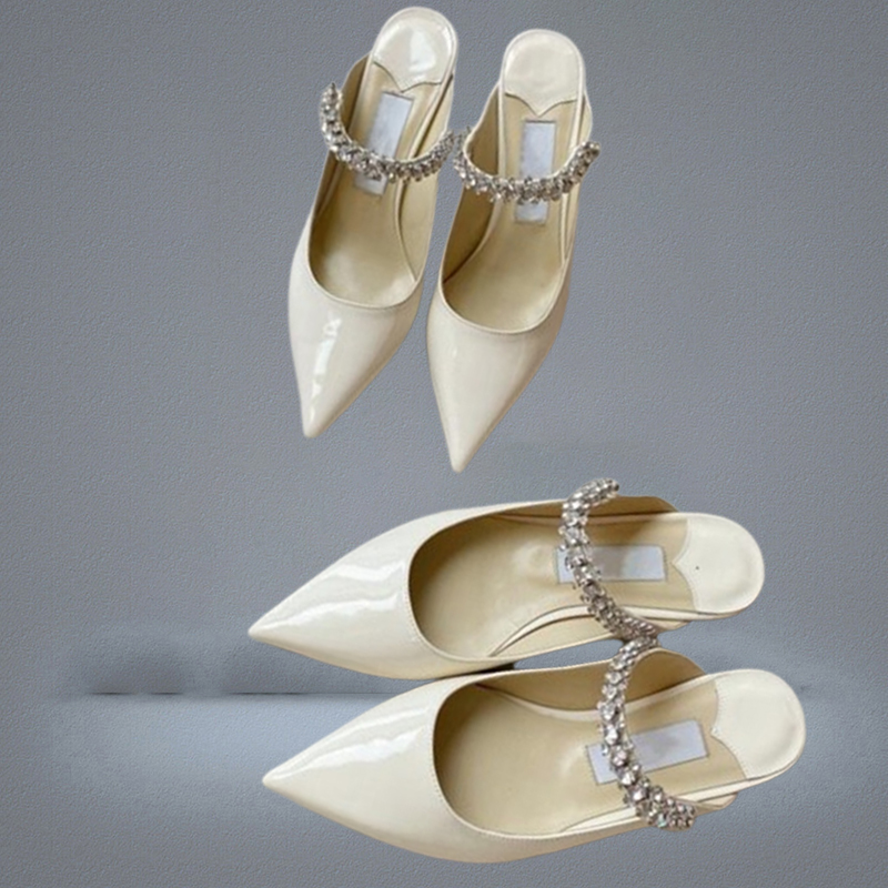 designer Luxury Womens Sandals Slippers Mules Bing Flat Crystal Arch Strap Patent Leather Diamond Chain High heeled Semi drag Shoe