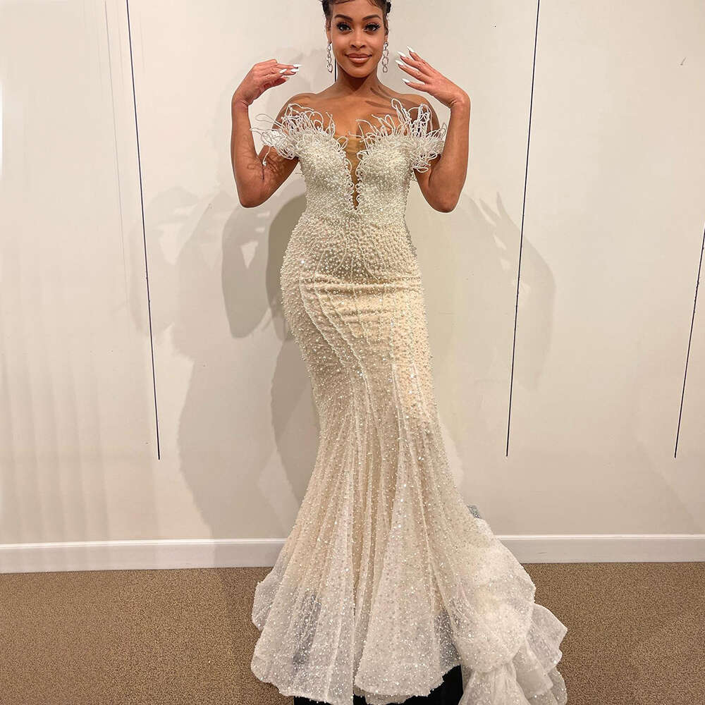 Lavish Mermaid special Reception Dresses for Bride Off Shoulder Sweep Train Pearls Sequined Beading African Bridal Gowns Bespoke