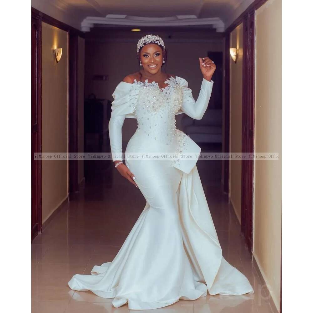 Africa Civil Mermaid Wedding Dresses for Bride Sheer Neck Long Sleeve Sweep Train Pearls Beads Satin Bridal Gowns robes de marie