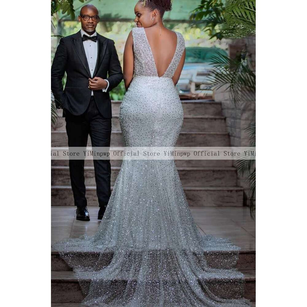 Mermaid Boho Dresses V Neck Backless Sweep Train Pearls Sequin Bridal Gowns After Special Reception Dress For Bride