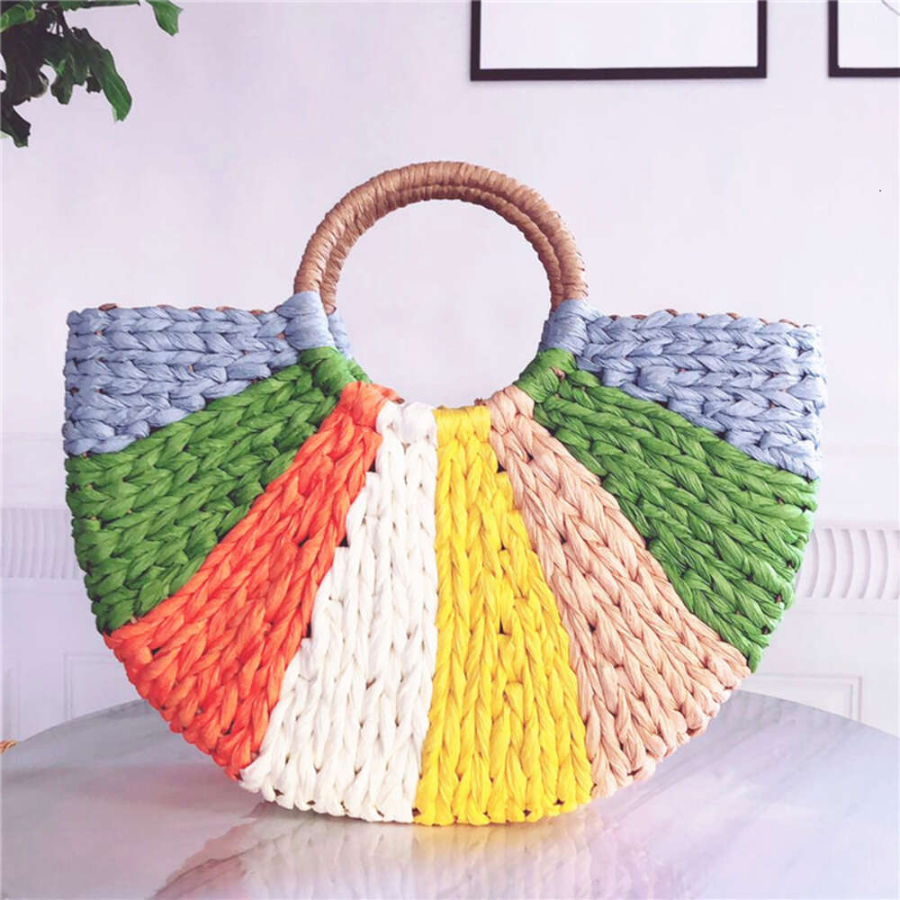 Colourful Women Handbag Rattan Wicker Straw Woven Half-round Bag Large Capacity Female Casual Travel Tote Fashion Bolsos H6.17#26 zhanyishengli
