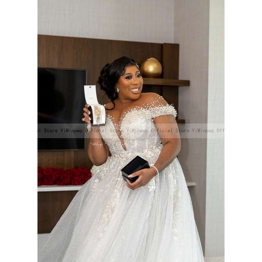 special Dresses for Bride 2024 Sheer Neck Lace up Back Mor Beading Sequins Pearls Plus Size Women African Bridal Gowns