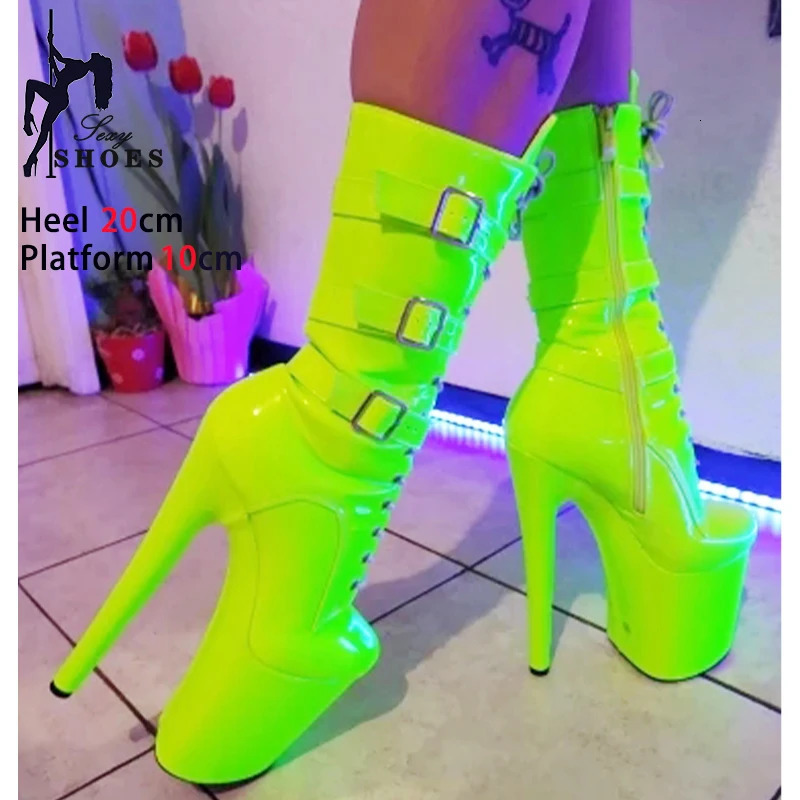 Fluorescent Green Fashion Womens ANKLE Boots Round Head Side Zipper Short Boots Round Head Dance Shoes Platform Heel Three Buckles 240615