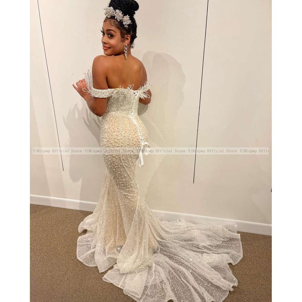Lavish Mermaid special Reception Dresses for Bride Off Shoulder Sweep Train Pearls Sequined Beading African Bridal Gowns Bespoke