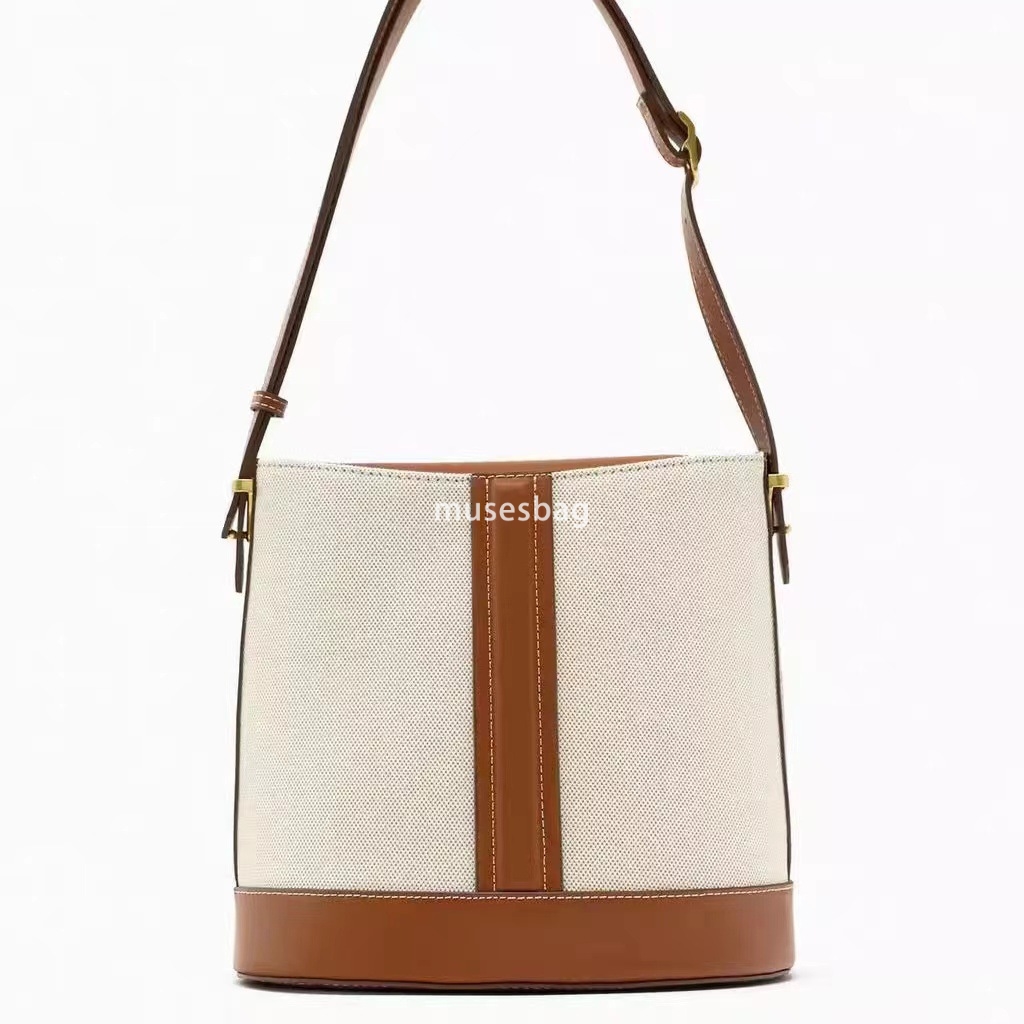 Neutral Wind Canvas Women Bag Spring and Autumn New Product Handheld Large Capacity Canvas Colored Spliced Shoulder Crossbody Water Bucket Bag for Wom