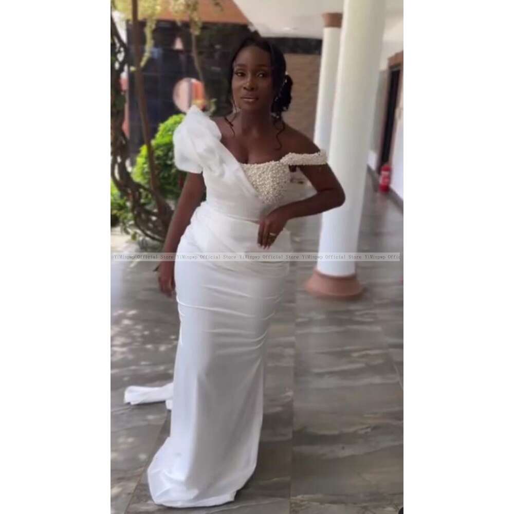 African Satin Mermaid special Dresses for Young Bride Off Shoulder Corset Pearls Beading Pleats Garden Summer Bridal Gowns