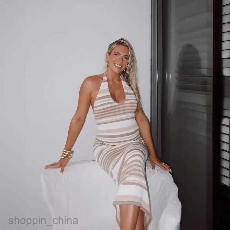 Basic Casual Women Dresses Slim Sleeveless Hanging Neck Open Back Striped Knitted Dress Casual Waist Wrapped Beach Bohemian Long Dress for Women