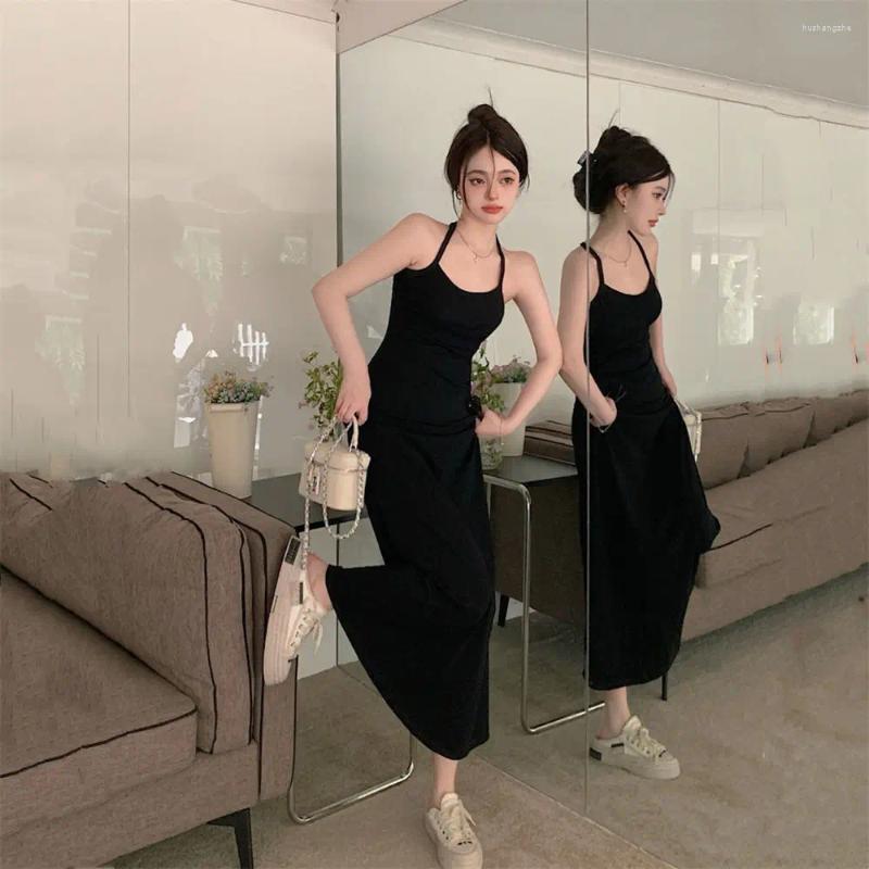 Casual Dresses Halter Long Women Slim Simple Bodycon Summer Hip Wrapped Korean Style Chic Temperament Elegant Vintage Stylish Ins BF