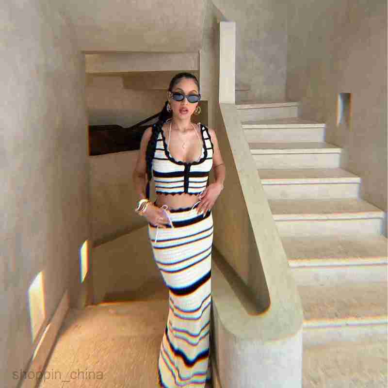 Two Piece Dress Sets Striped Casual Tank Top Beach Bohemian Style Contrast Color Long Skirt Knitted Set for Women