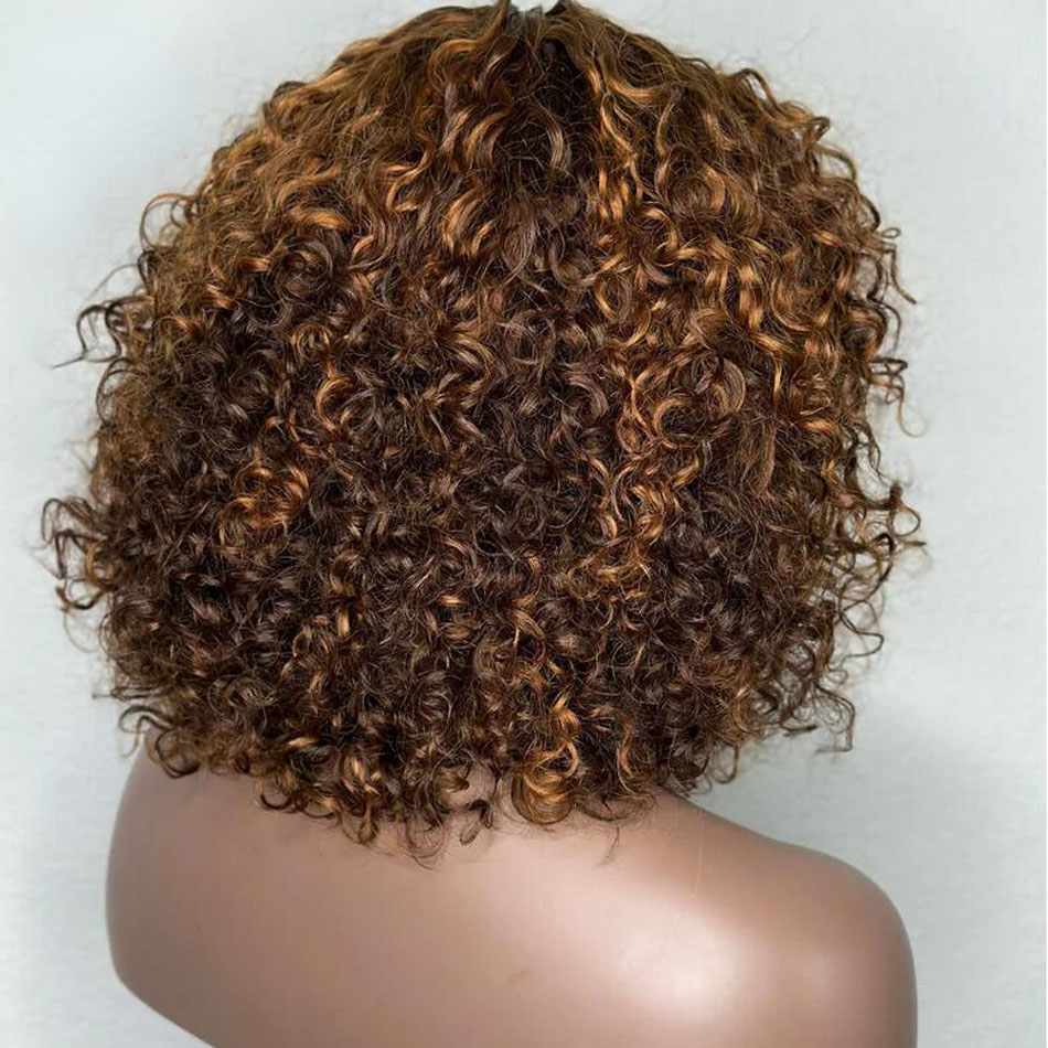 Free shipping 200density Mogolian Highlight blonde Color Short with Bangs for Black Women Kinky Curly Hair Wig Afro No Synthetic Full Lace Wigs Preplu
