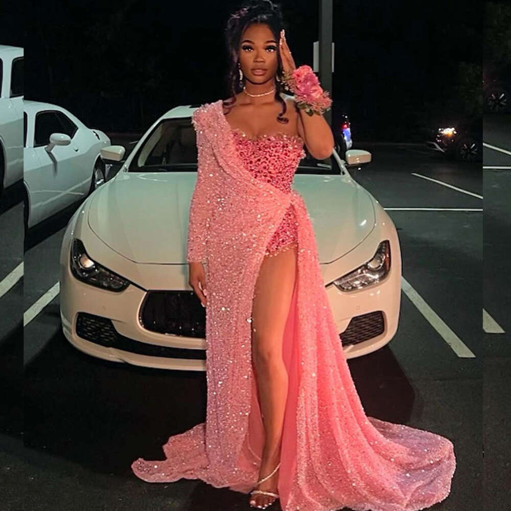 Prom Shinny Pink Dresses For Black Girls One Shoulder Thigh-High Slits Sequined Africa Matric Dance Party Gowns Homecoming Dress