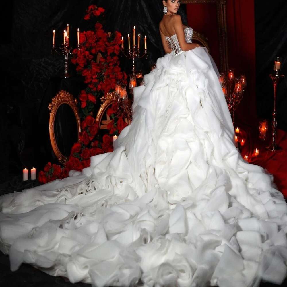 Sexy Side High Slit Bridal Dress Sparkly Pearls Wedding Gown Pleat Long With Detachable tail Bride Robe Vestido De Novia