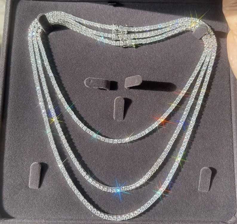 Rinntin SMN Premium Iced Crystal Tennis Moissanite Necklace Chain VVS Clarity 14kt Sterg Sier 7-24 Inch Mossanite Jewelry
