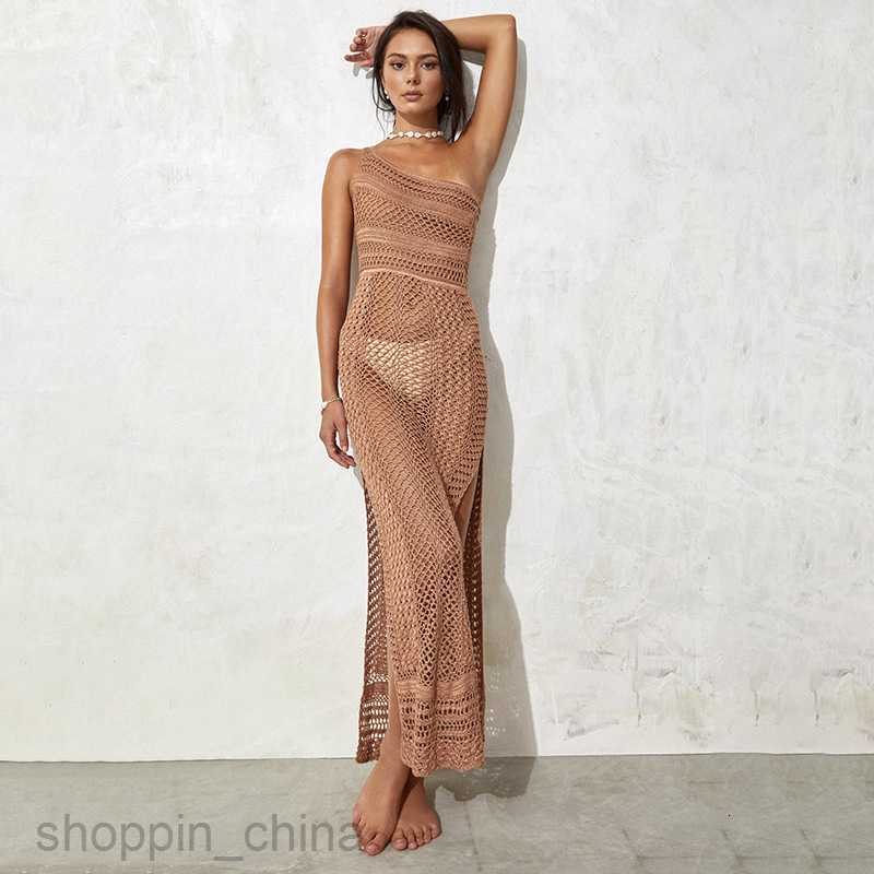 Basic Casual Women Dresses Summer New Beach Skirt Women's Solid Color Sexy Oblique Shoulder Knitted Hollow out Bikini Swimsuit Cover Up Sun Prote