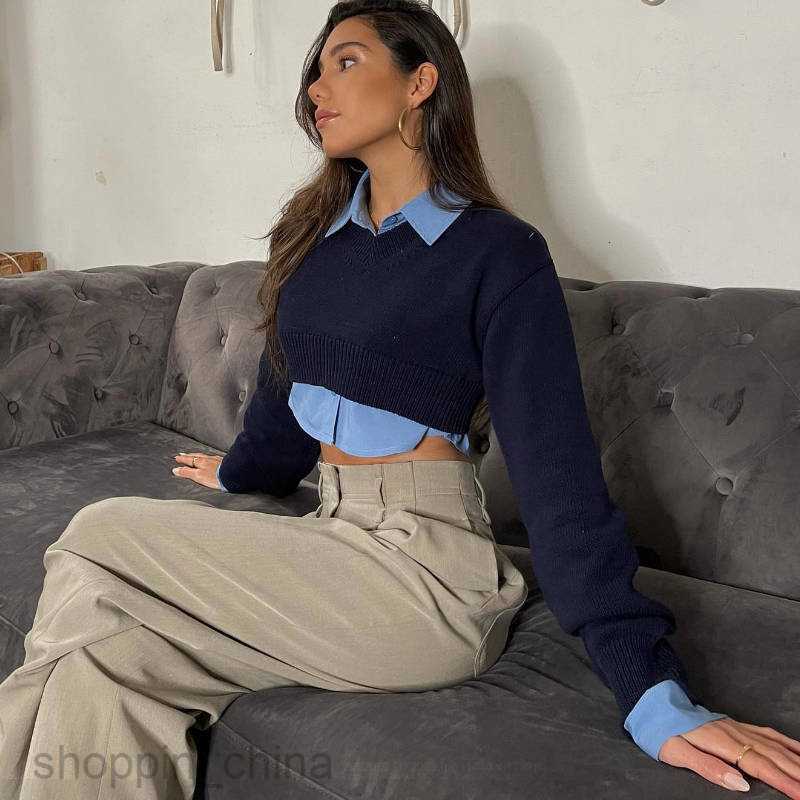 Women's Sweaters ultra short knitted top pullover V-neck exposed navel versatile layered long sleeved top