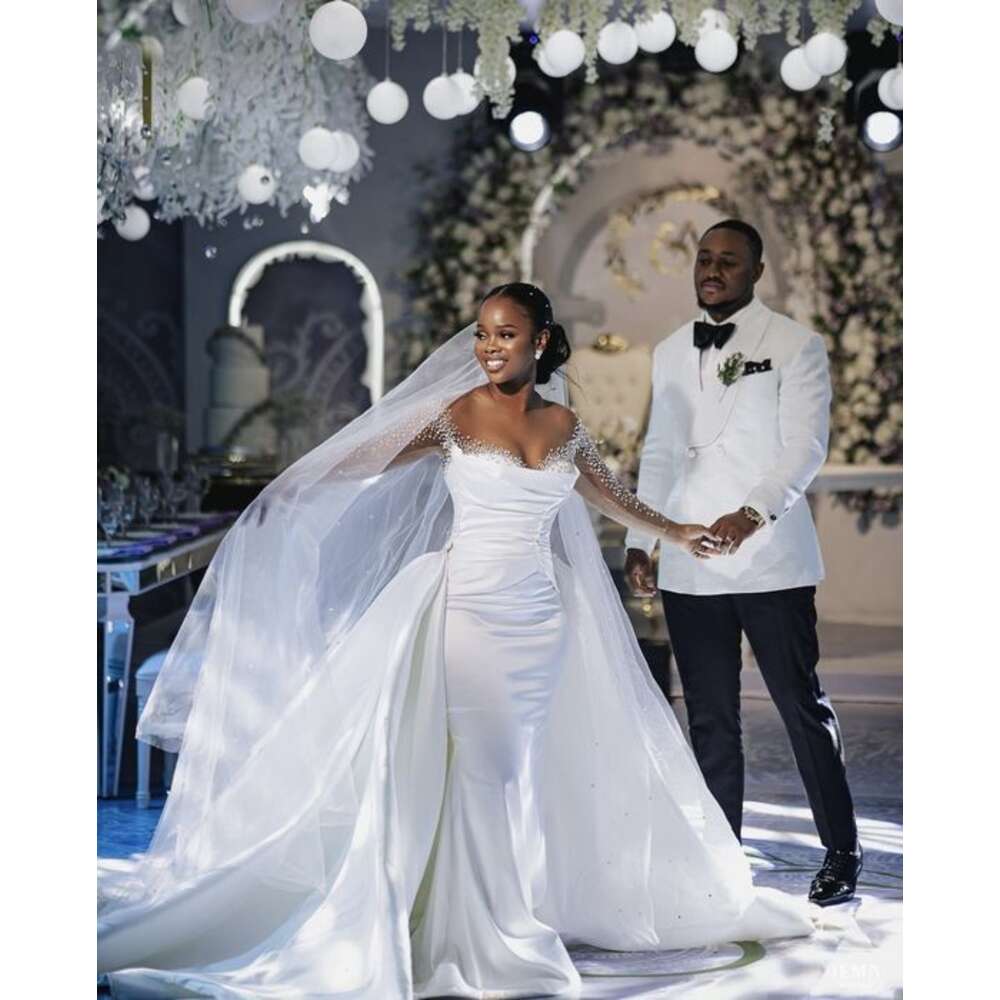 New Africa Mermaid special Dresses with Detachable Train 2024 Sheer Neck Long Sleeve Satin Beading Crystal Bridal Gowns