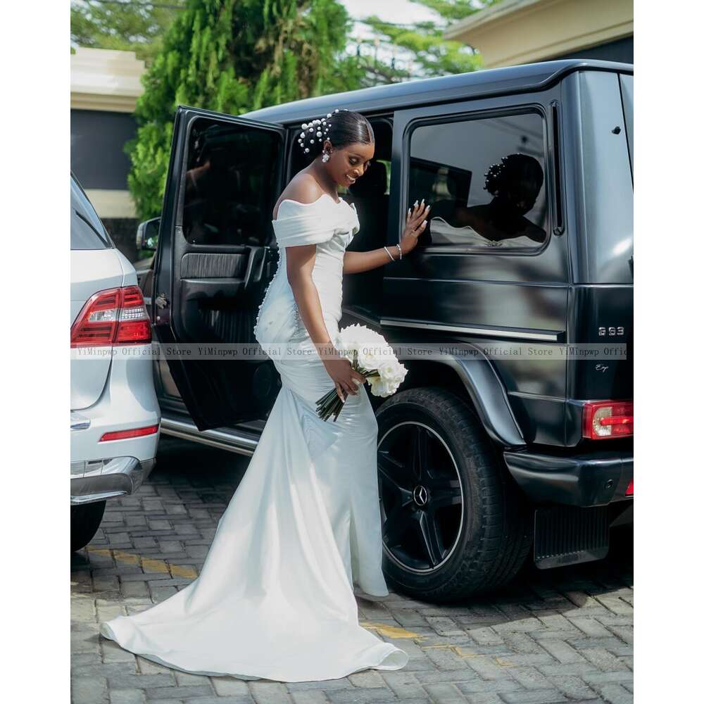 Summer Satin Mermaid special Dresses for Bride Off Shoulder Corset Sweep Train Pearls Pleats Africa Garden Country Bridal Gowns