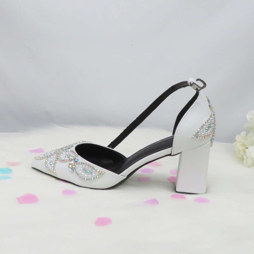 Baoyafang White Beads Pearl Wedding Bride Pointed Toe Square Thick High Heel Party Dress Shoes And Bag Set Ankle Strap