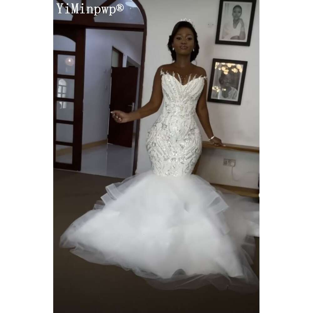Africa White Mermaid special Dresses for Black Bride Sheer Neck Long Sleeves Sweep Train Tulle Sequined Appliques Bridal Gowns