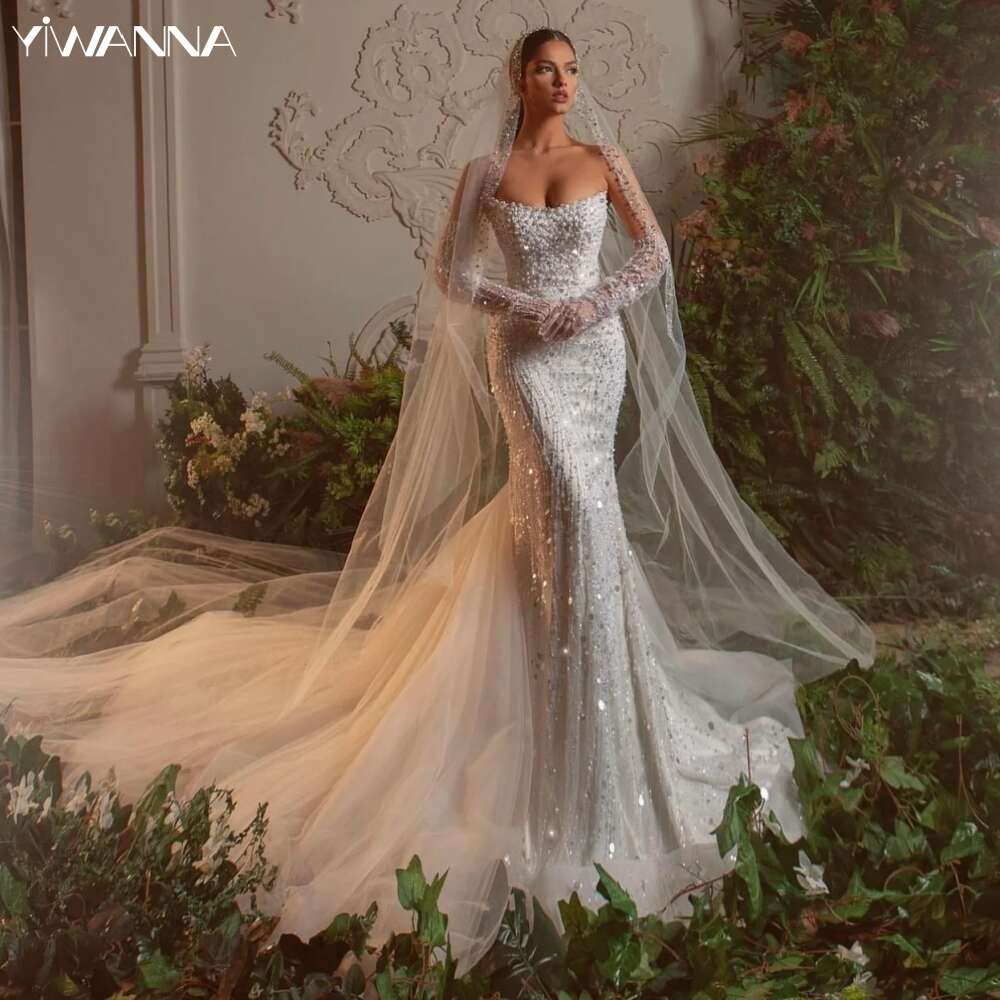 Sexy Strapless Sleeveless Bridal Dress Sparkly Sequins Pearls Wedding Gown Mermaid Long Bride Robe Vestido De Novia