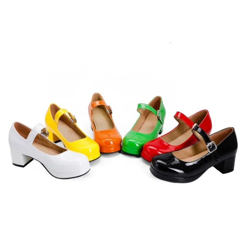 LeShion Of Chanmeb Patent Leather Pumps Women Block Heels Mary Janes Lolita Shoes Red White Yellow Green Orange Pumps Size 30-50 240617