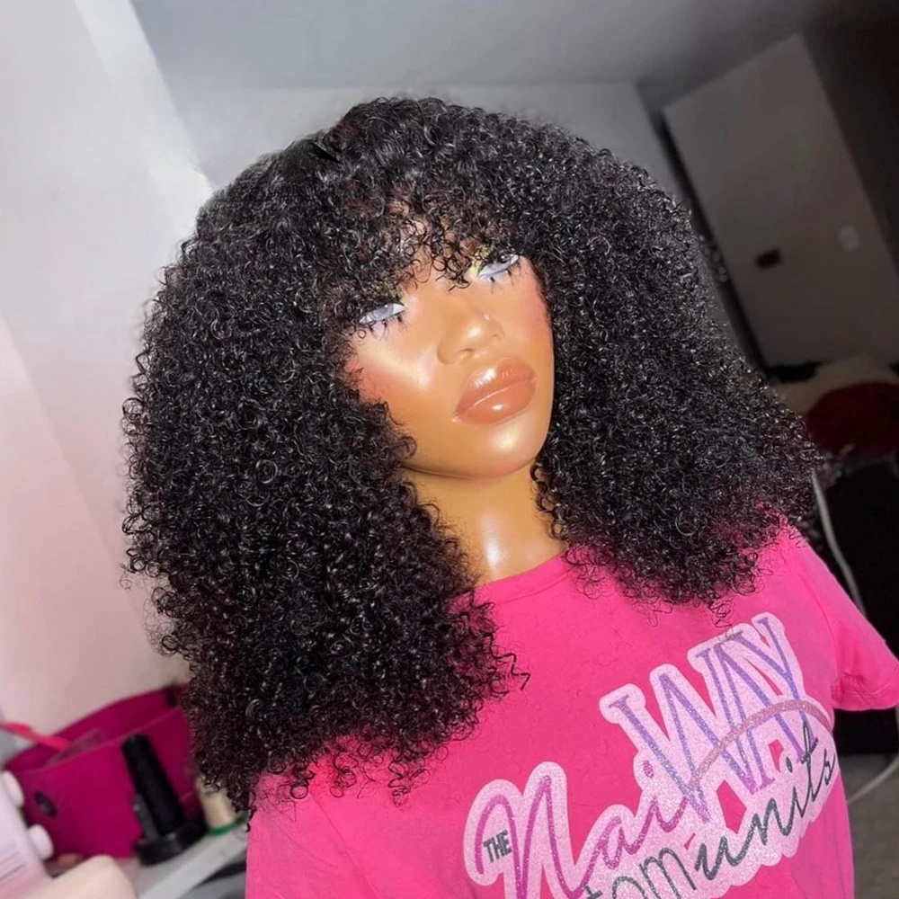 Free shipping 200density Mogolian Highlight blonde Color Short with Bangs for Black Women Kinky Curly Hair Wig Afro No Synthetic Full Lace Wigs Preplu