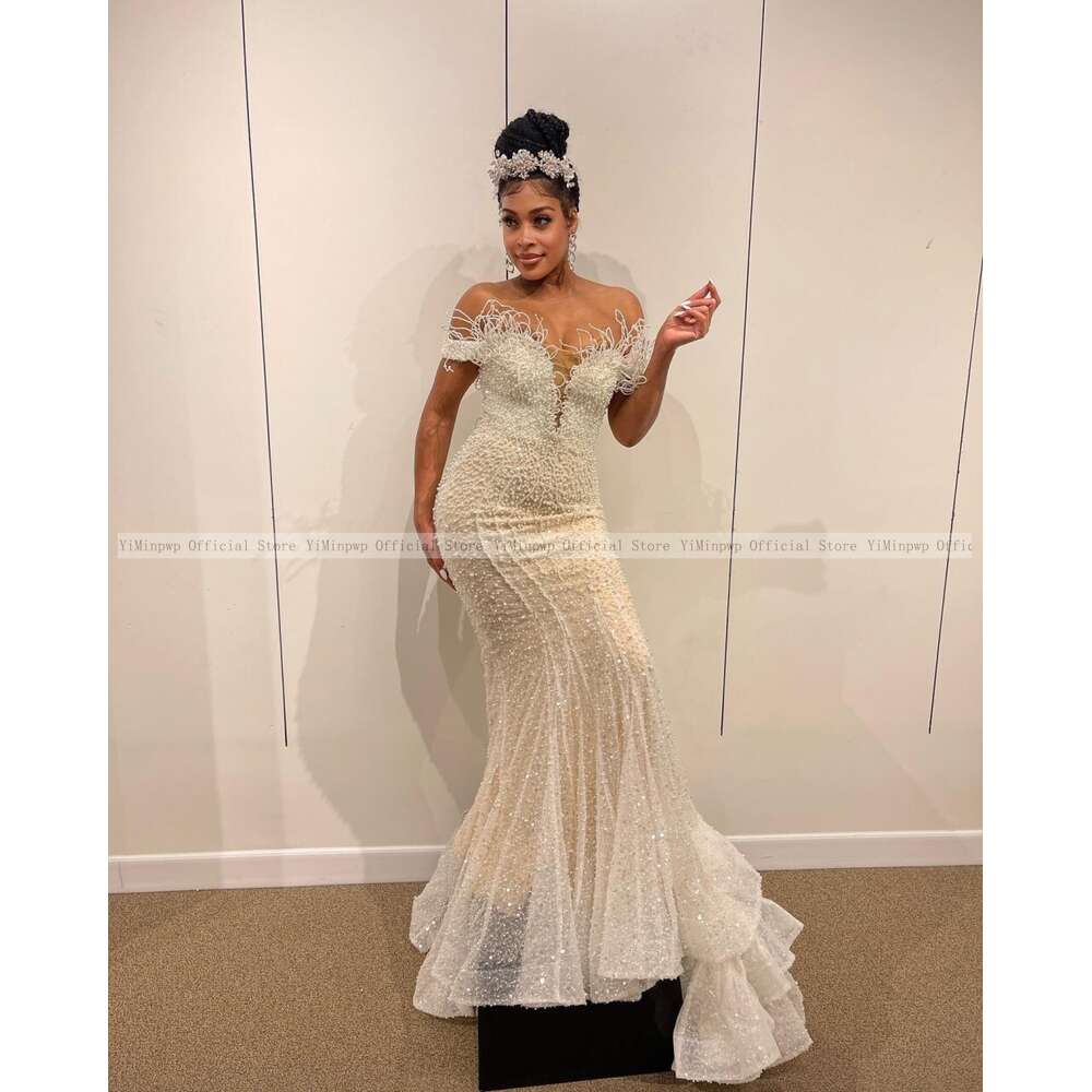 Lavish Mermaid special Reception Dresses for Bride Off Shoulder Sweep Train Pearls Sequined Beading African Bridal Gowns Bespoke