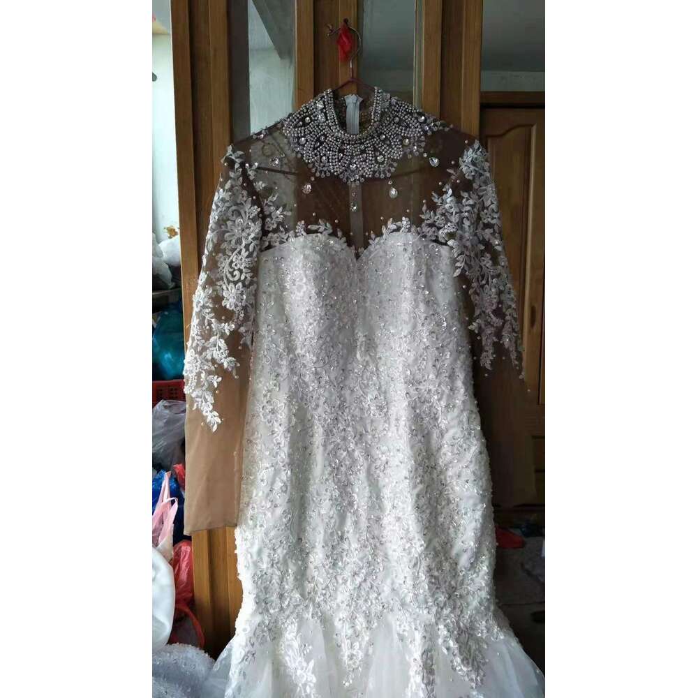Africa Mermaid Wedding Dresses for Bride High Neck Long Sleeve Rhinestone Pearls Beading Appliques Bridal Gowns robes de mariee