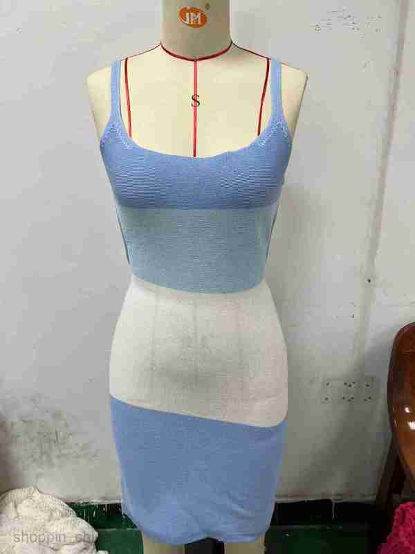 Basic Casual Women Dresses Summer new sexy contrasting color suspender stripe color blocking backless strap knitted woolen knit dress