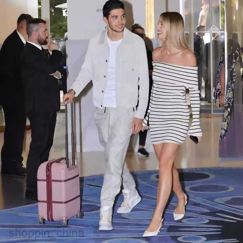 Basic Casual Women Dresses Wind Beach Vacation Shoulder Stripe Long sleeved Skirt One line Neck Knitted Casual Short Dress for Women