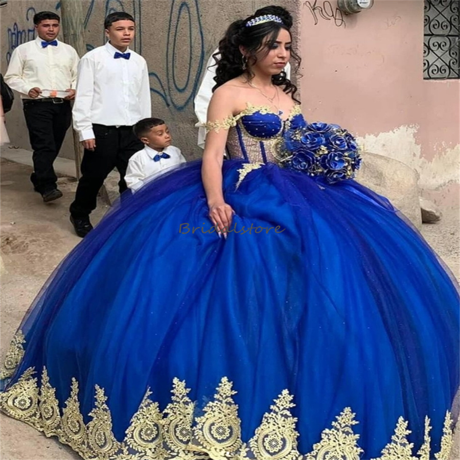 Vintage Royal Blue Quinceanera Dresses With Gold Appliques Sweetehart Ball Gown Fifteen Party Gowns Vestidos De 15 Anos Xv Lujo Sweet 16 Birthday Dres