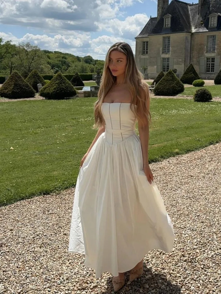 Women Elegant Patchwork Suspenders Maxi Dress Fashion Slim White Backless Sleeveless A-e Dresses Summer Lady Chic Party Robes 240617
