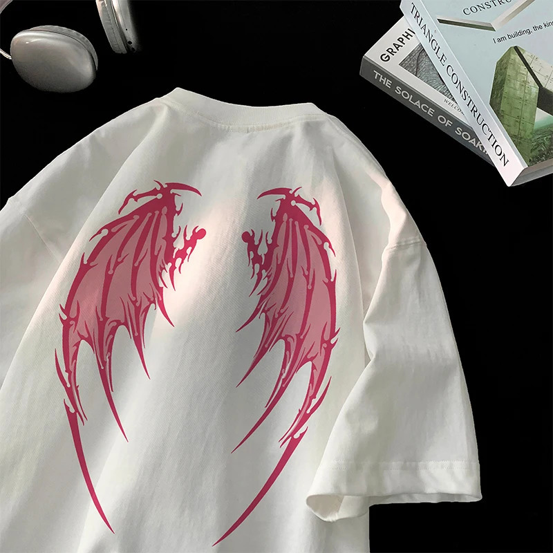 Angel Wings Printed T-shirt y2k Short Sleeve Letter Printing Tee 2024 Summer Street Style T Shirts Large Size Unisex Tshirt 240617