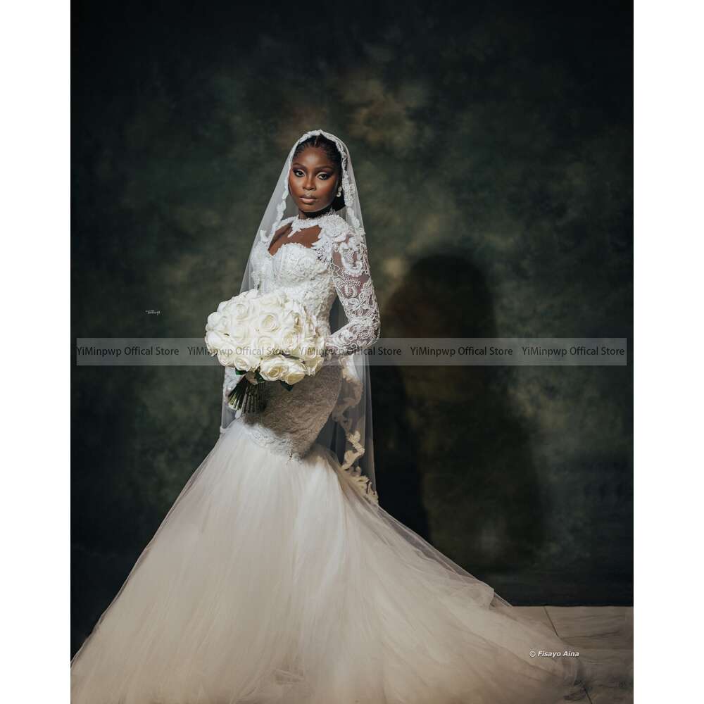 Mermaid African Wedding Dresses For Bride O Neck Long Sleeve Sweep Train Lace Beading Tulle Garden Country Bridal Gowns