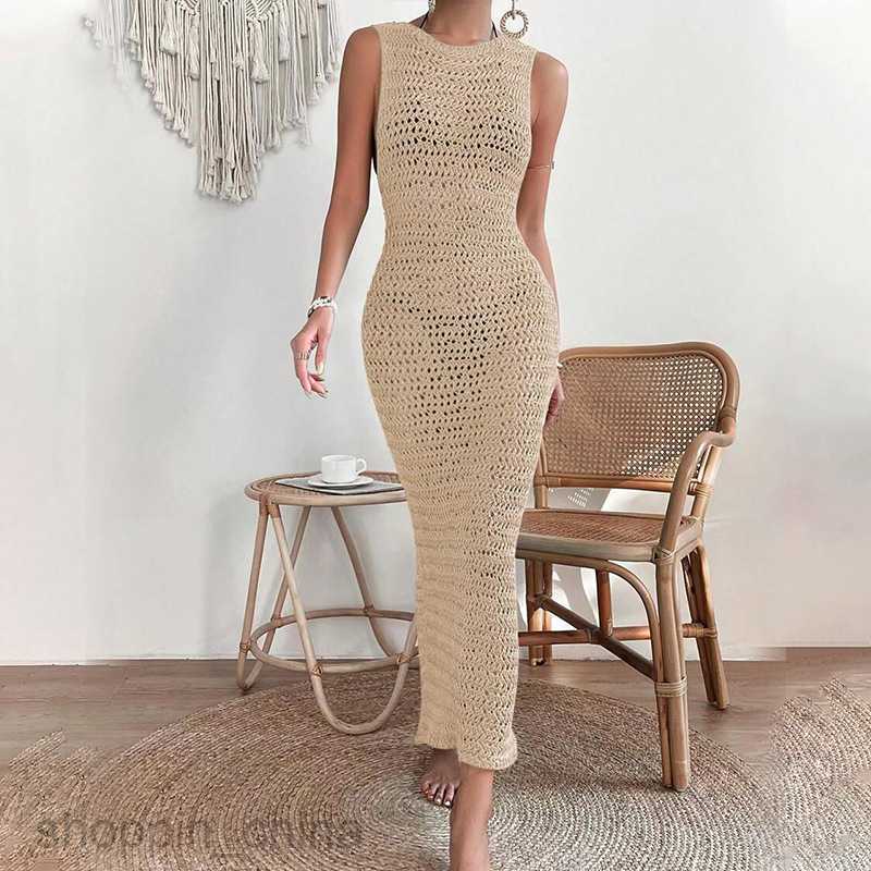 Basic Casual Women Dresses Summer New Beach Skirt Women's Solid Color Sexy Knitted Hollow Beach Swimsuit Cover Up Split Dress