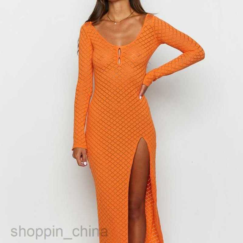 Basic Casual Women Dresses Summer vacation dress beach dress sexy long sleeved slit long dress hollowed out knitted cover up dress for women