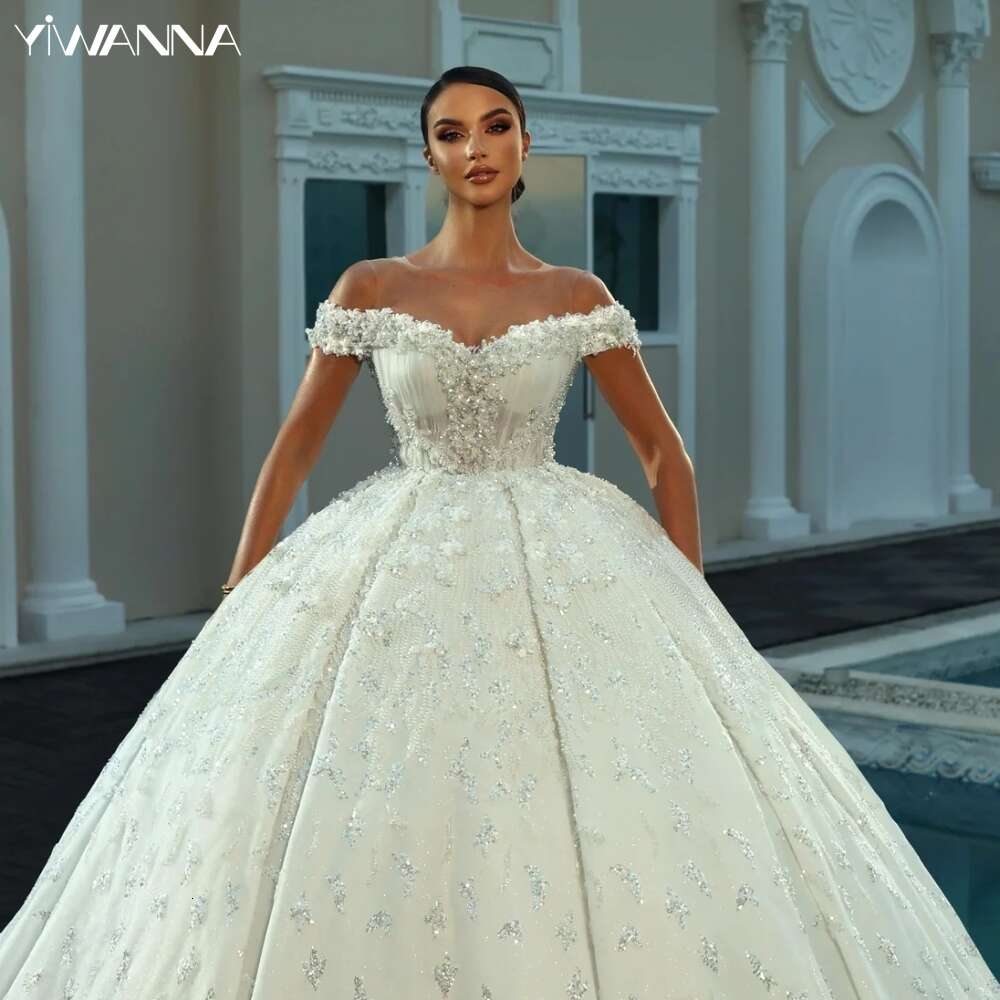 Elegant Off The Shoulder Dress Sparkly Sequins Beads Wedding Ball Gown Long Bride Robe Vestido De Novia