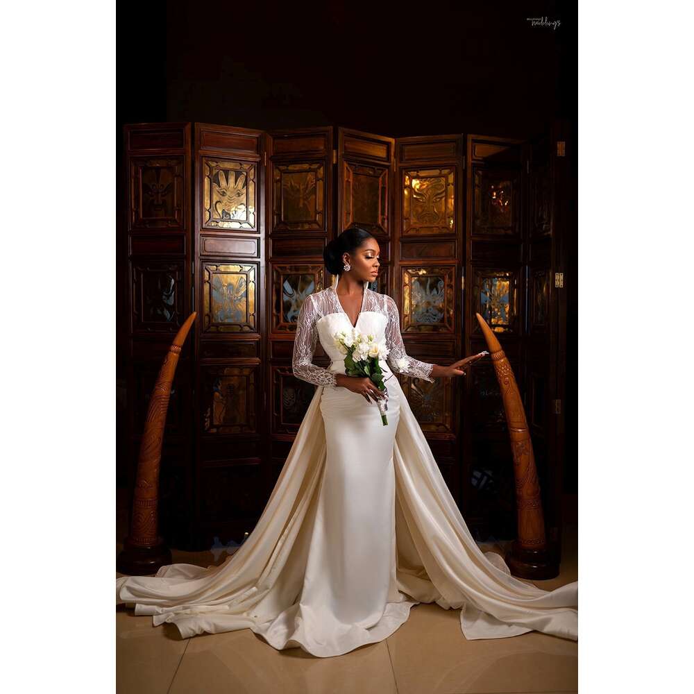 YiMinpwp Ivory Mermaid Wedding Dresses with Detachable Overskirt Stand Collar Long Sleeve Sweep Train Lace robes de mariage