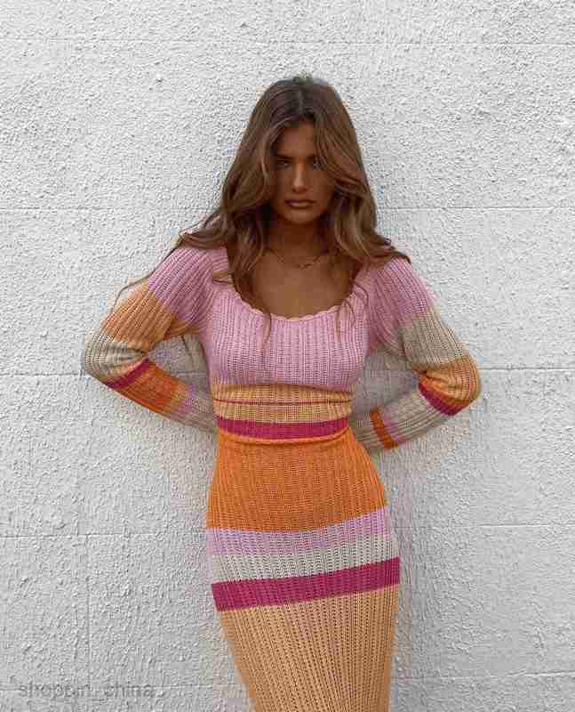 Basic Casual Women Dresses Long Color Contrast One line Neck Shoulder Hollow Beach Long Sleeve Knitted Stripe Dress for Women