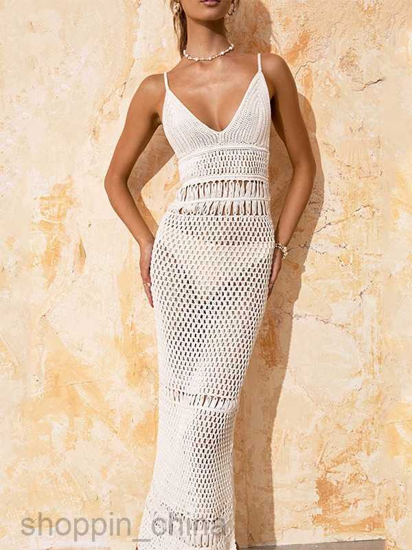 Basic Casual Women Dresses Summer New Vacation Beach Skirt Sexy Deep V Sling Knitted Hollow Dress Swimming Suit Cover up Skirt for Women