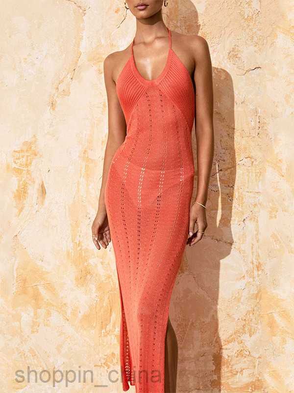 Basic Casual Women Dresses New Vacation Beach Skirt Women's Sexy Hanging Neck Hanging Strap Split Knitted Dress Bikini Cover up Skirt Women