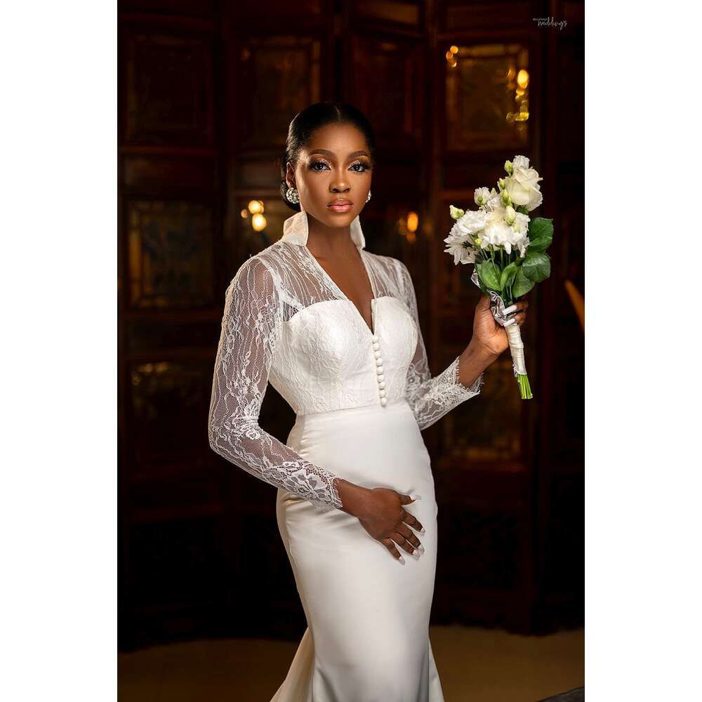 Yiminpwp Ivory Mermaid Special Dresses With Detachable Overskirt Stand Collar Long Sleeve Sweep Train Lace Robes De Mariage 6660311
