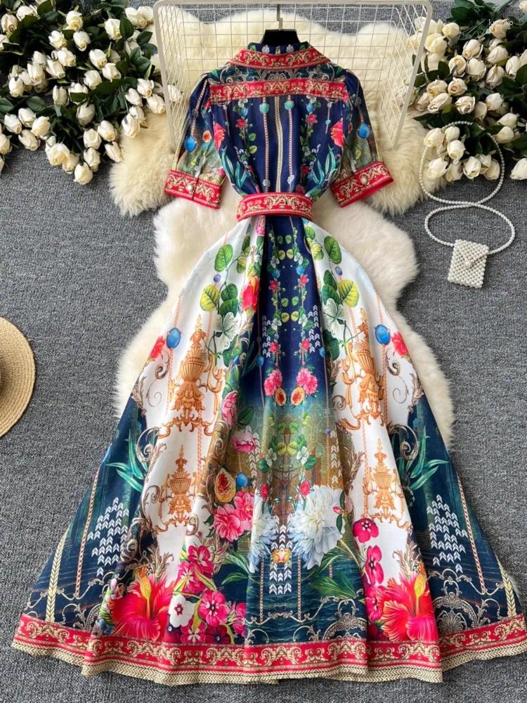 Party Dresses Harajpee 2024 Summer Women Shirt Collar Single Breasted Waist Wrapped Large Hem Printed French Elegant Dress Vestido